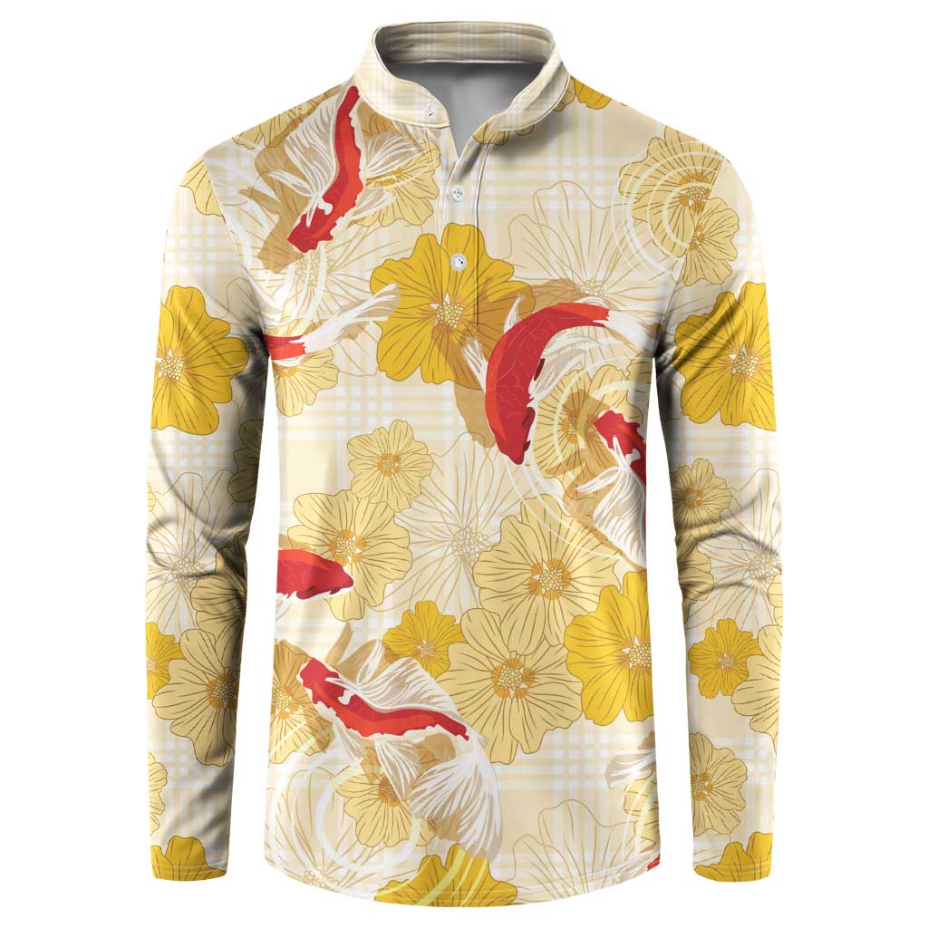 Beige Palaka Hawaii Aloha Button Sweatshirt Koi Pond Mix Ilima Flowers LT7 Cream Yellow - Polynesian Pride