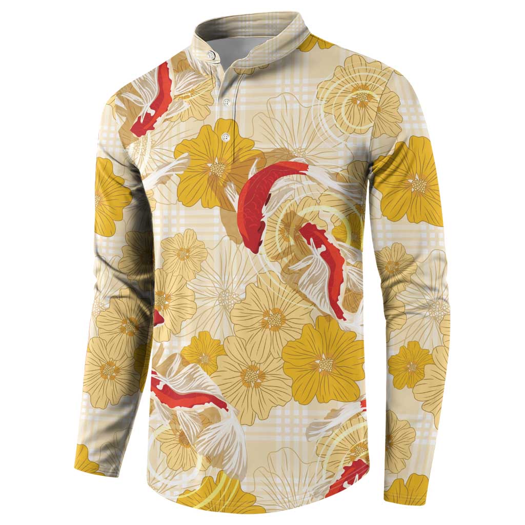 Beige Palaka Hawaii Aloha Button Sweatshirt Koi Pond Mix Ilima Flowers LT7 - Polynesian Pride