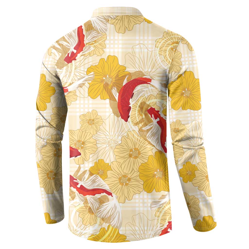 Beige Palaka Hawaii Aloha Button Sweatshirt Koi Pond Mix Ilima Flowers LT7 - Polynesian Pride