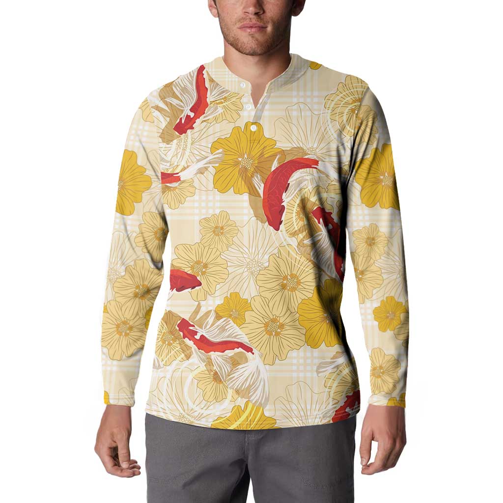 Beige Palaka Hawaii Aloha Button Sweatshirt Koi Pond Mix Ilima Flowers LT7 - Polynesian Pride
