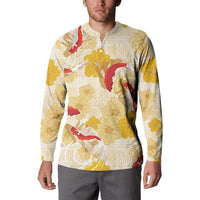 Beige Palaka Hawaii Aloha Button Sweatshirt Koi Pond Mix Ilima Flowers LT7 - Polynesian Pride