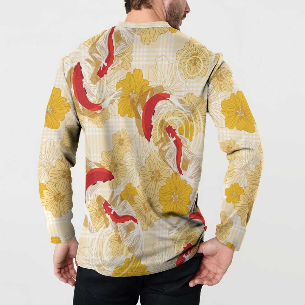 Beige Palaka Hawaii Aloha Button Sweatshirt Koi Pond Mix Ilima Flowers LT7 - Polynesian Pride
