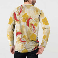 Beige Palaka Hawaii Aloha Button Sweatshirt Koi Pond Mix Ilima Flowers LT7 - Polynesian Pride