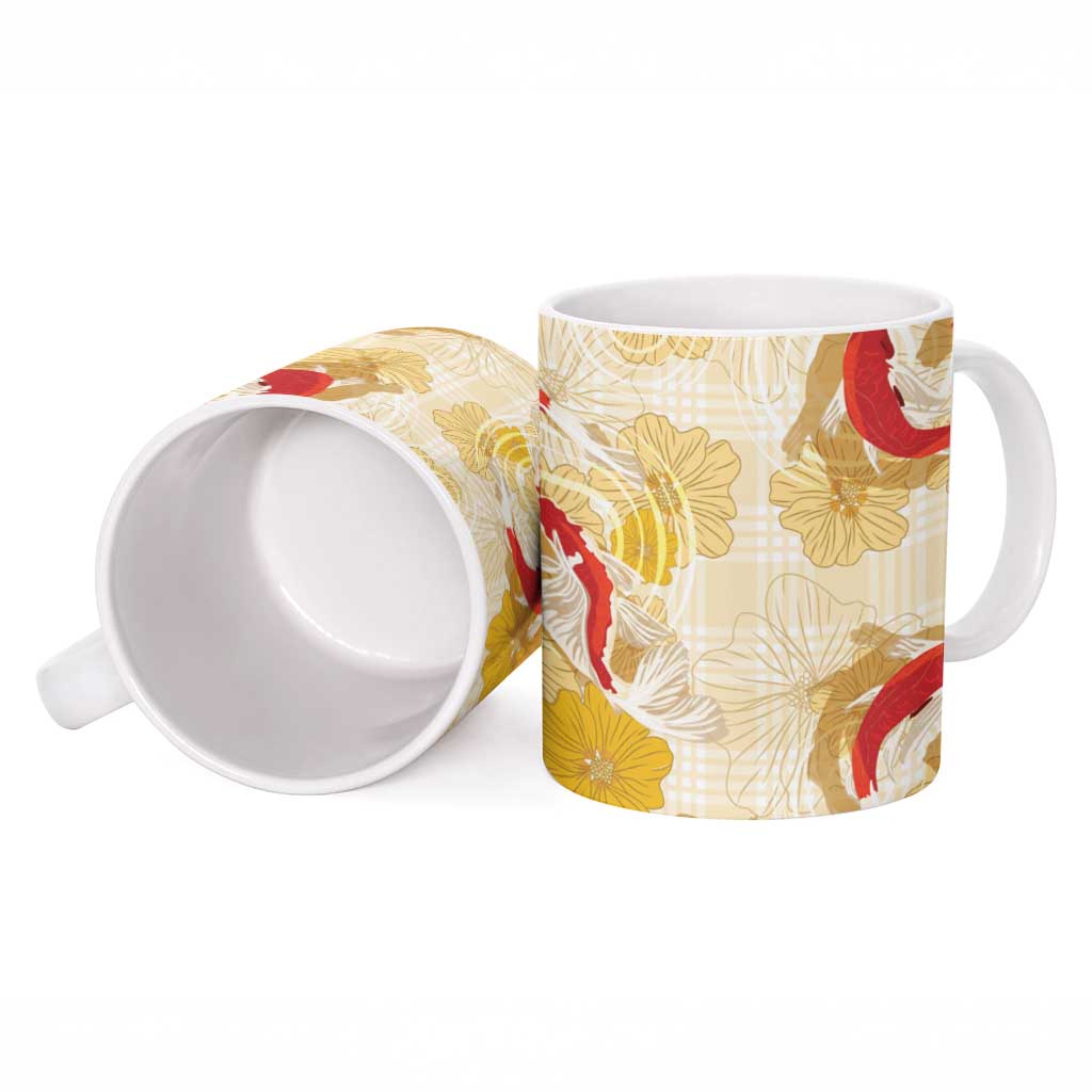 Beige Palaka Hawaii Aloha Ceramic Mug Koi Pond Mix Ilima Flowers LT7 - Polynesian Pride
