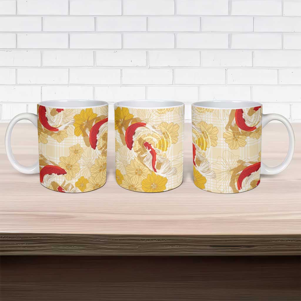 Beige Palaka Hawaii Aloha Ceramic Mug Koi Pond Mix Ilima Flowers LT7 - Polynesian Pride