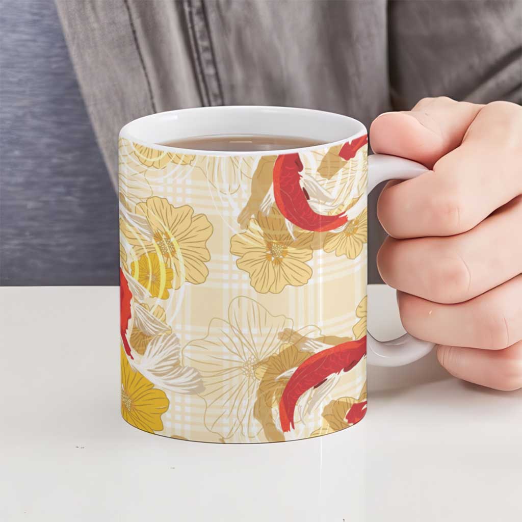 Beige Palaka Hawaii Aloha Ceramic Mug Koi Pond Mix Ilima Flowers LT7 - Polynesian Pride