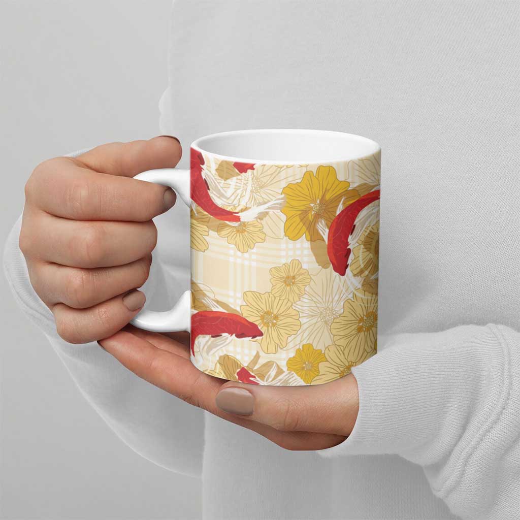 Beige Palaka Hawaii Aloha Ceramic Mug Koi Pond Mix Ilima Flowers LT7 - Polynesian Pride