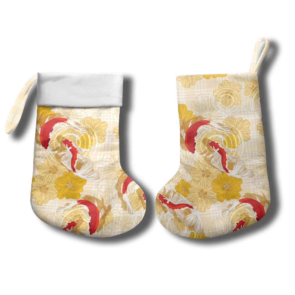 Beige Palaka Hawaii Aloha Christmas Stocking Koi Pond Mix Ilima Flowers - Polynesian Pride