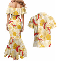 Beige Palaka Hawaii Aloha Couples Matching Mermaid Dress and Hawaiian Shirt Koi Pond Mix Ilima Flowers - Polynesian Pride