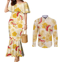 Beige Palaka Hawaii Aloha Couples Matching Mermaid Dress and Long Sleeve Button Shirt Koi Pond Mix Ilima Flowers - Polynesian Pride