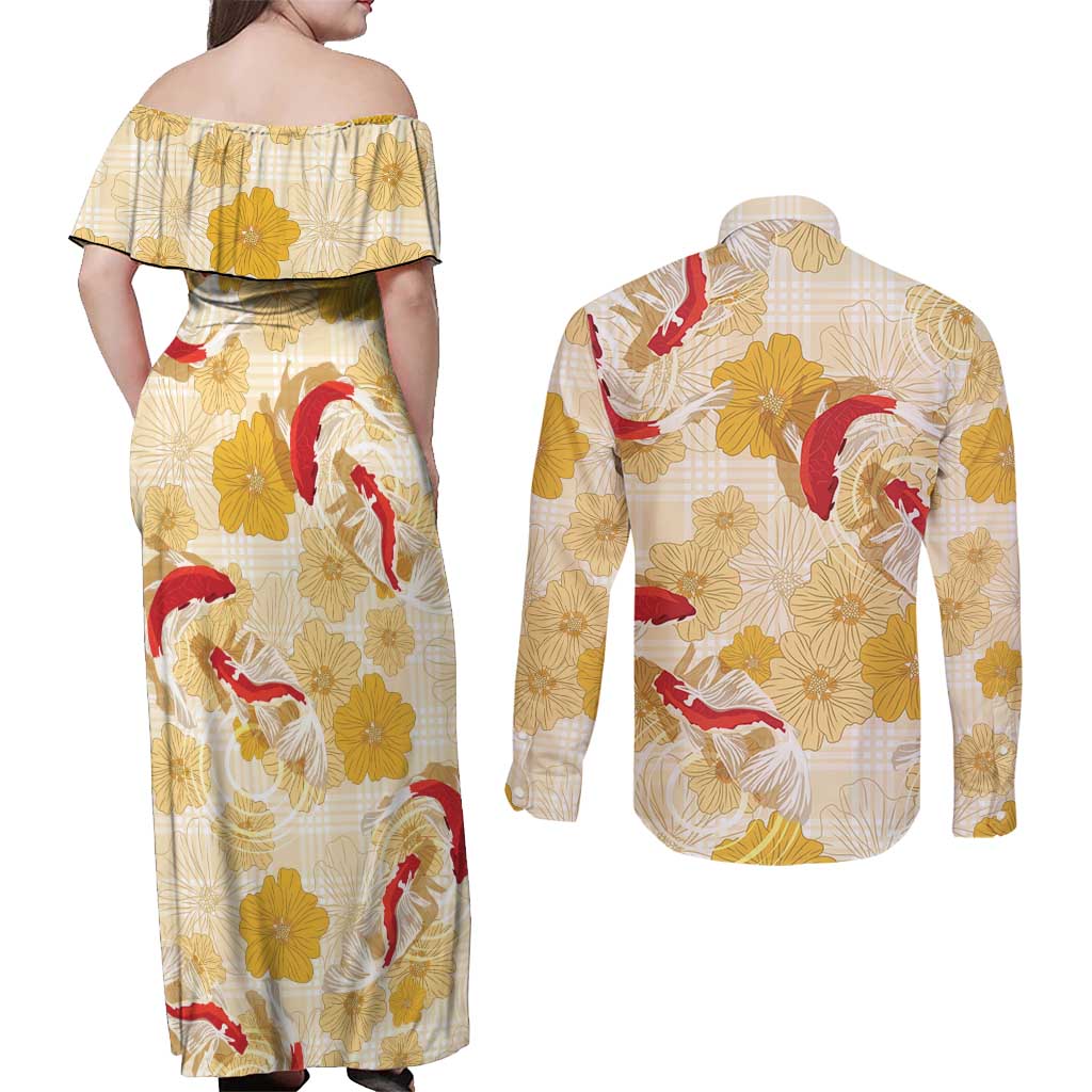 Beige Palaka Hawaii Aloha Couples Matching Off Shoulder Maxi Dress and Long Sleeve Button Shirt Koi Pond Mix Ilima Flowers - Polynesian Pride