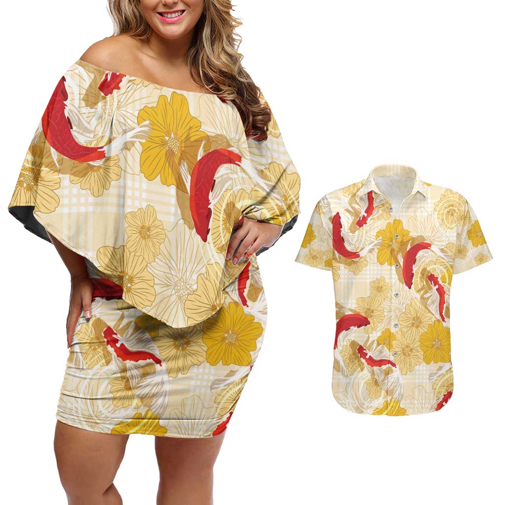Beige Palaka Hawaii Aloha Couples Matching Off Shoulder Short Dress and Hawaiian Shirt Koi Pond Mix Ilima Flowers - Polynesian Pride