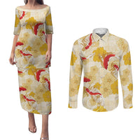 Beige Palaka Hawaii Aloha Couples Matching Puletasi and Long Sleeve Button Shirt Koi Pond Mix Ilima Flowers LT7 Cream Yellow - Polynesian Pride