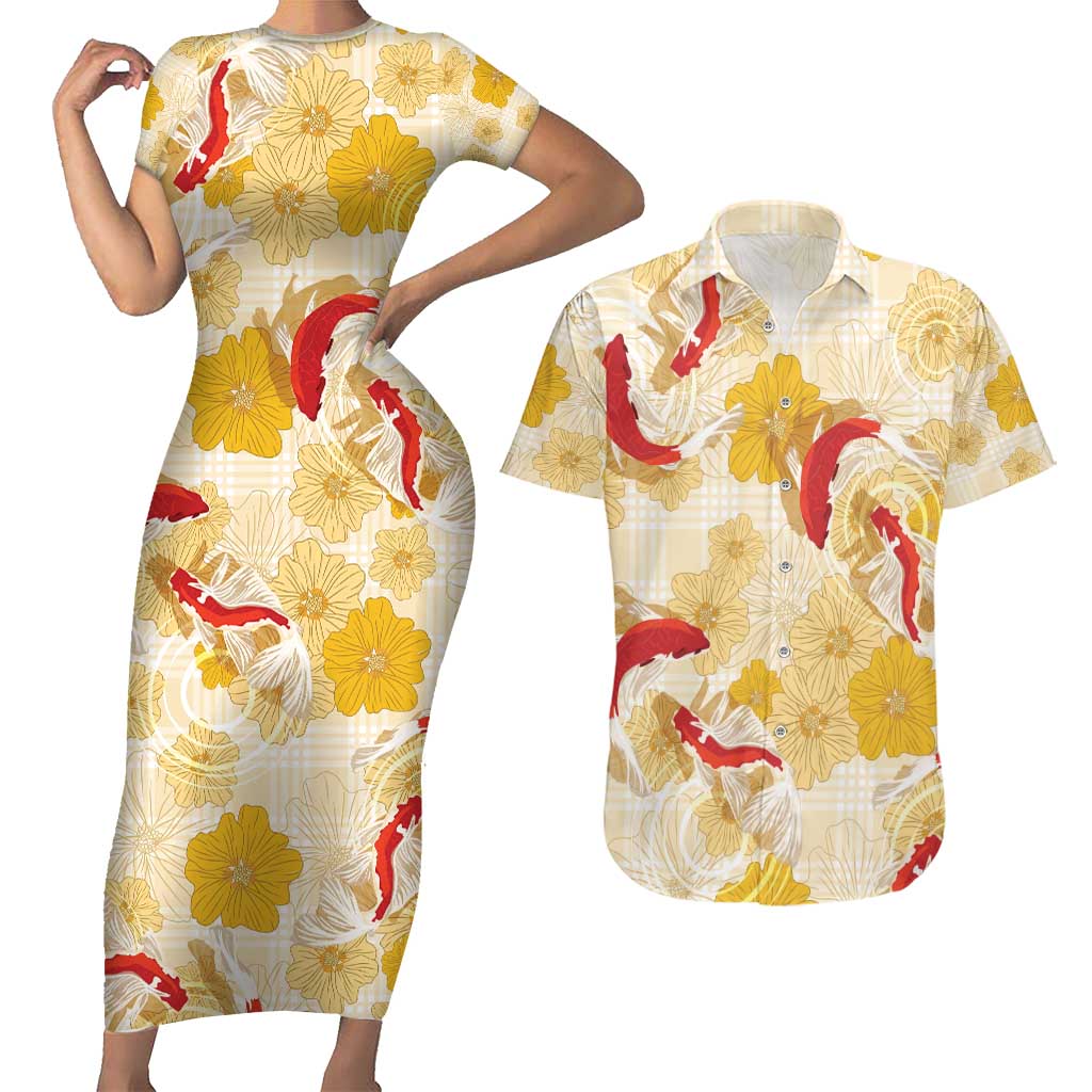 Beige Palaka Hawaii Aloha Couples Matching Short Sleeve Bodycon Dress and Hawaiian Shirt Koi Pond Mix Ilima Flowers - Polynesian Pride