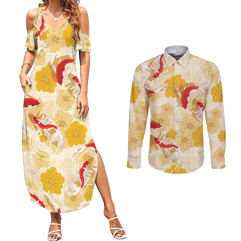 Beige Palaka Hawaii Aloha Couples Matching Summer Maxi Dress and Long Sleeve Button Shirt Koi Pond Mix Ilima Flowers - Polynesian Pride