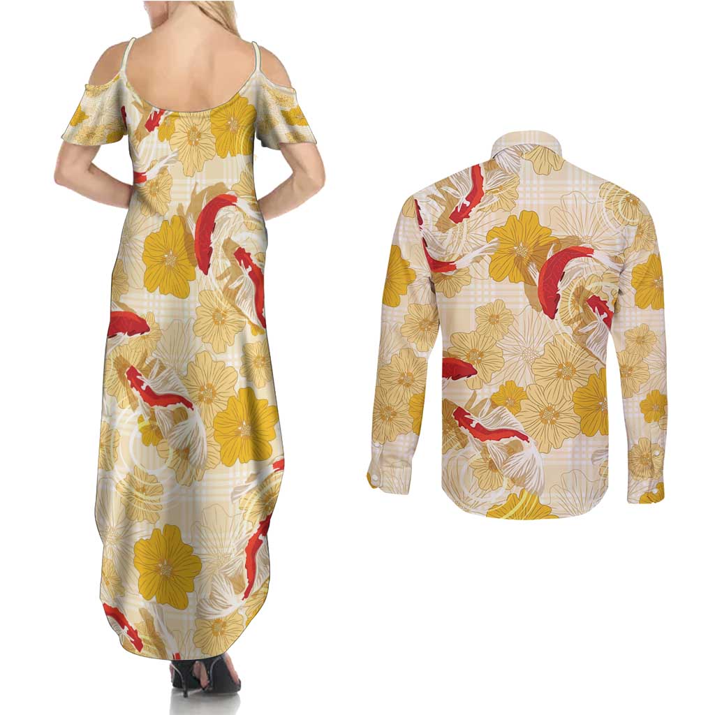 Beige Palaka Hawaii Aloha Couples Matching Summer Maxi Dress and Long Sleeve Button Shirt Koi Pond Mix Ilima Flowers - Polynesian Pride