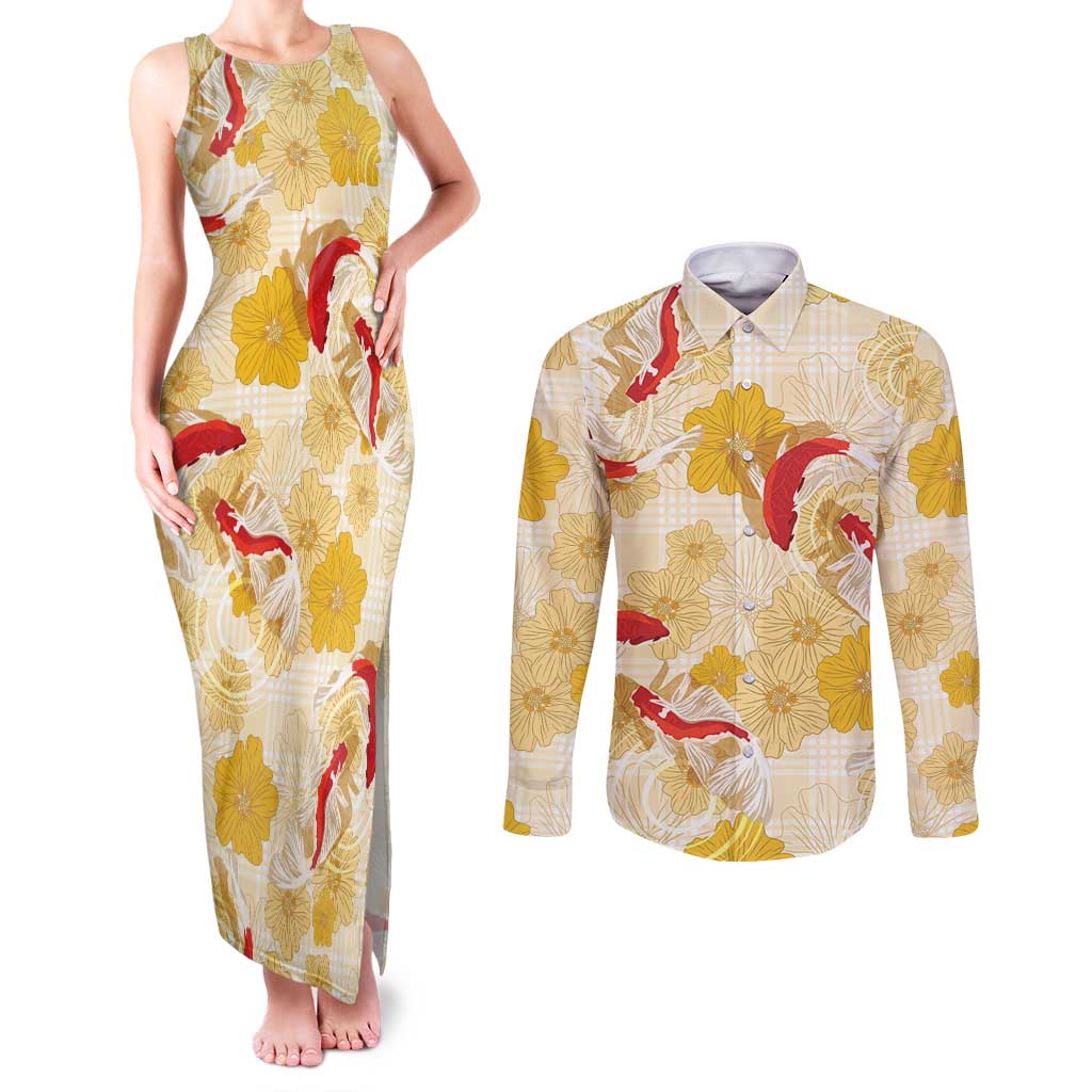 Beige Palaka Hawaii Aloha Couples Matching Tank Maxi Dress and Long Sleeve Button Shirt Koi Pond Mix Ilima Flowers - Polynesian Pride
