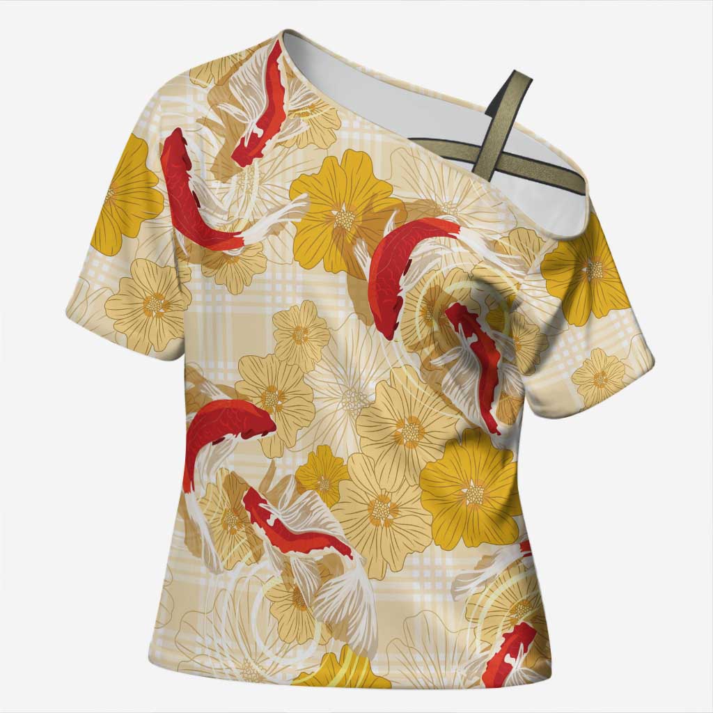 Beige Palaka Hawaii Aloha Cross Shoulder Shirt Koi Pond Mix Ilima Flowers LT7 Female Cream Yellow - Polynesian Pride