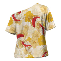 Beige Palaka Hawaii Aloha Cross Shoulder Shirt Koi Pond Mix Ilima Flowers LT7 - Polynesian Pride