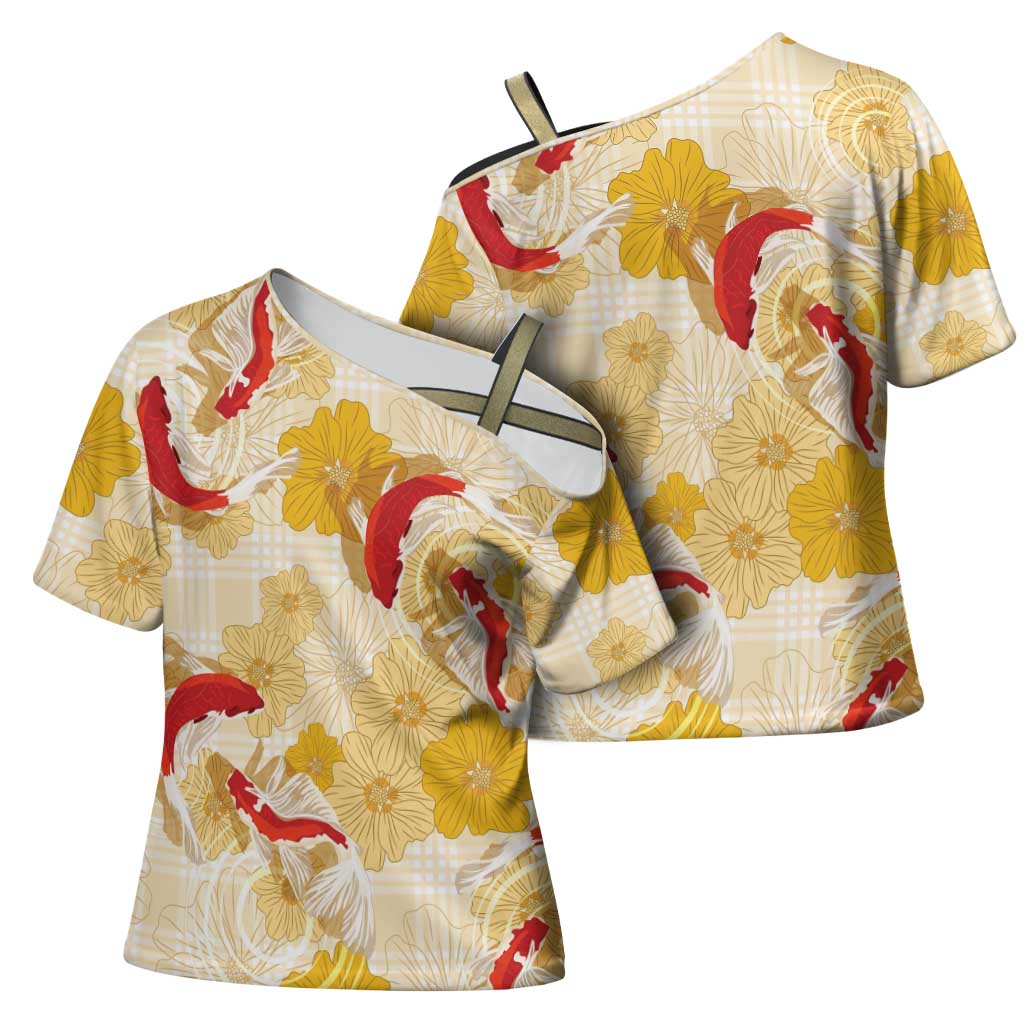 Beige Palaka Hawaii Aloha Cross Shoulder Shirt Koi Pond Mix Ilima Flowers LT7 - Polynesian Pride