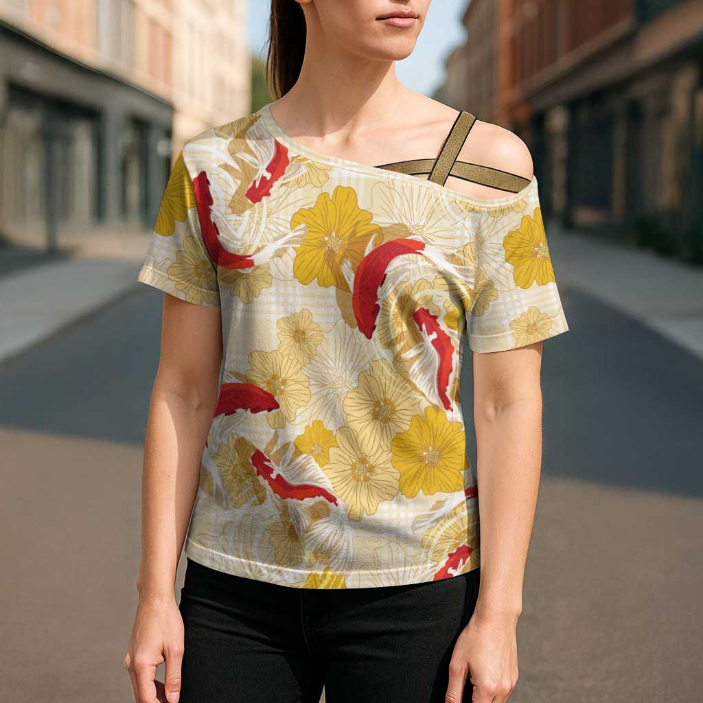 Beige Palaka Hawaii Aloha Cross Shoulder Shirt Koi Pond Mix Ilima Flowers LT7 - Polynesian Pride