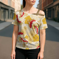 Beige Palaka Hawaii Aloha Cross Shoulder Shirt Koi Pond Mix Ilima Flowers LT7 - Polynesian Pride