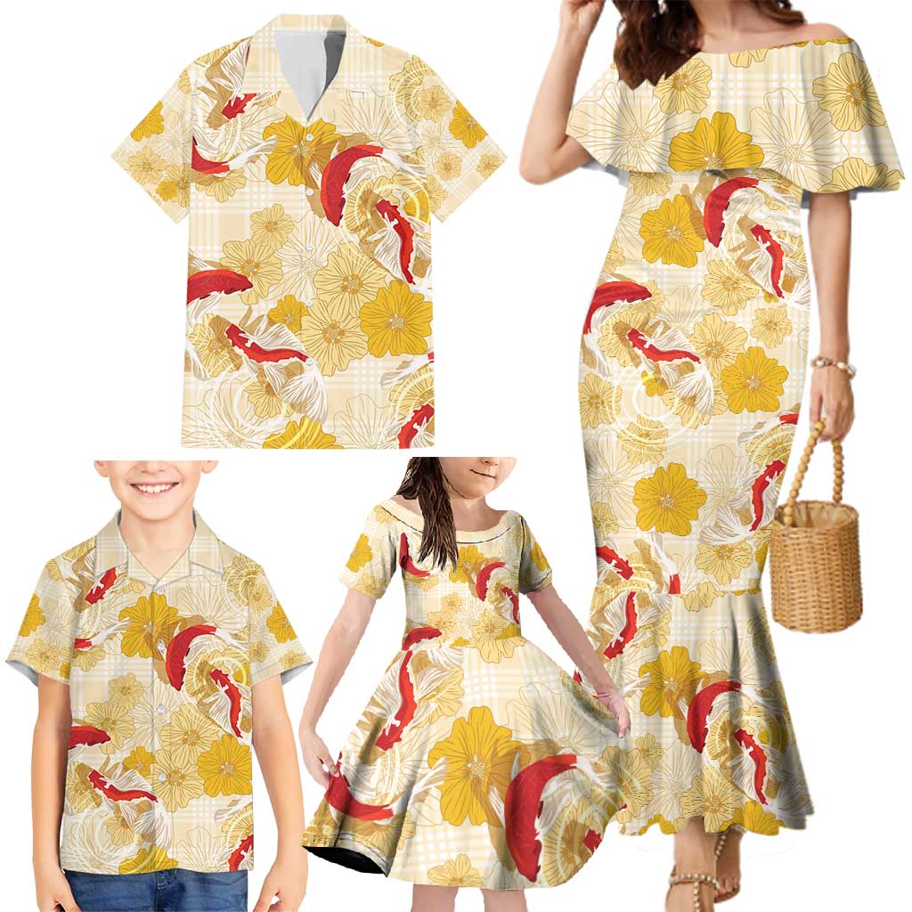 Beige Palaka Hawaii Aloha Family Matching Mermaid Dress and Hawaiian Shirt Koi Pond Mix Ilima Flowers - Polynesian Pride