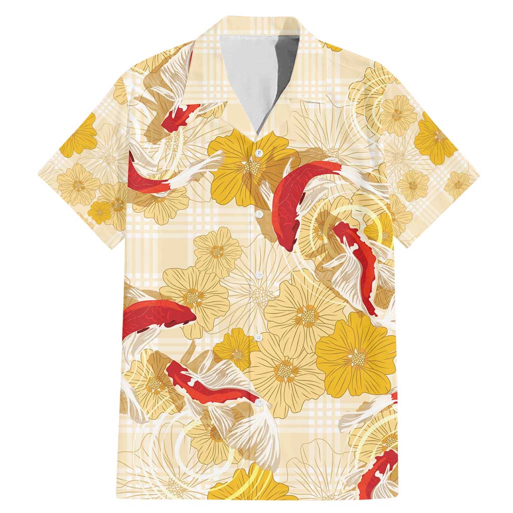 Beige Palaka Hawaii Aloha Family Matching Mermaid Dress and Hawaiian Shirt Koi Pond Mix Ilima Flowers - Polynesian Pride