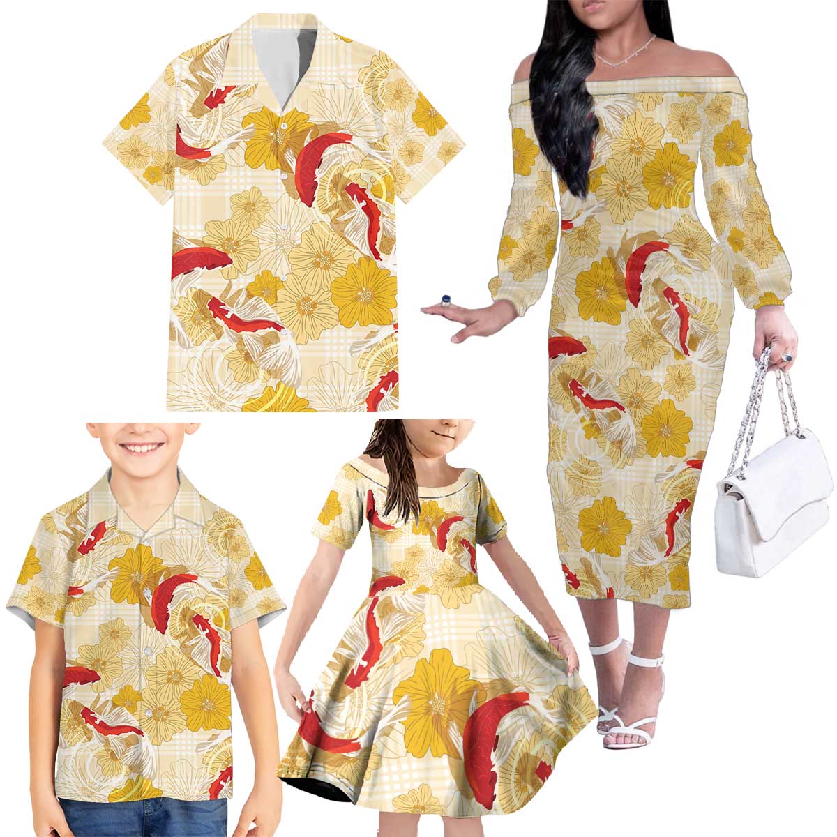 Beige Palaka Hawaii Aloha Family Matching Off The Shoulder Long Sleeve Dress and Hawaiian Shirt Koi Pond Mix Ilima Flowers - Polynesian Pride