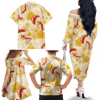 Beige Palaka Hawaii Aloha Family Matching Off The Shoulder Long Sleeve Dress and Hawaiian Shirt Koi Pond Mix Ilima Flowers - Polynesian Pride