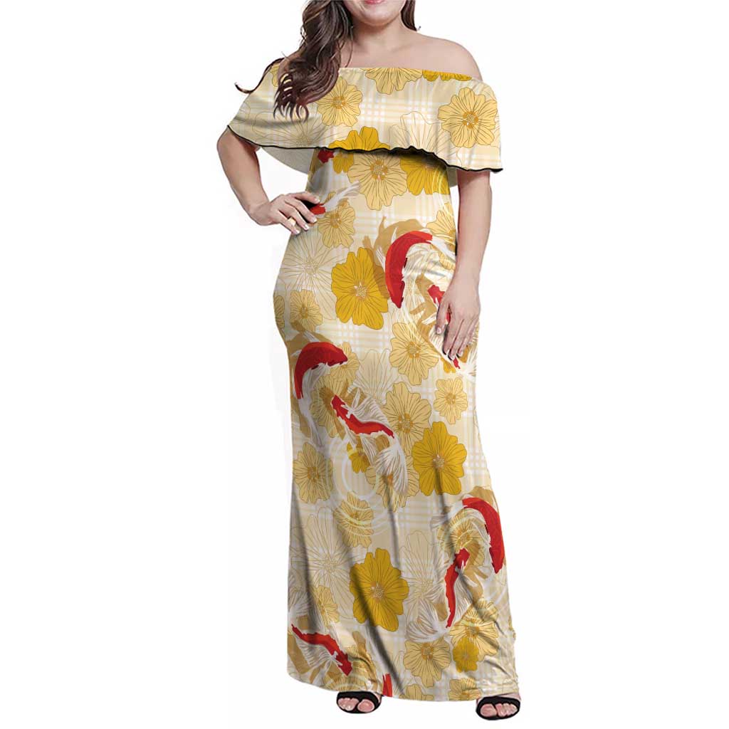 Beige Palaka Hawaii Aloha Family Matching Off Shoulder Maxi Dress and Hawaiian Shirt Koi Pond Mix Ilima Flowers - Polynesian Pride