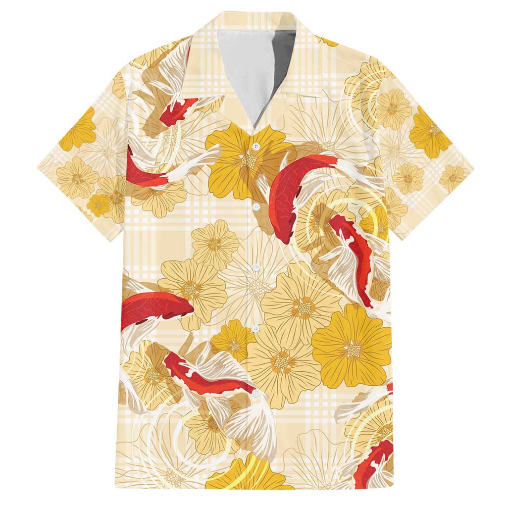 Beige Palaka Hawaii Aloha Family Matching Off Shoulder Short Dress and Hawaiian Shirt Koi Pond Mix Ilima Flowers - Polynesian Pride