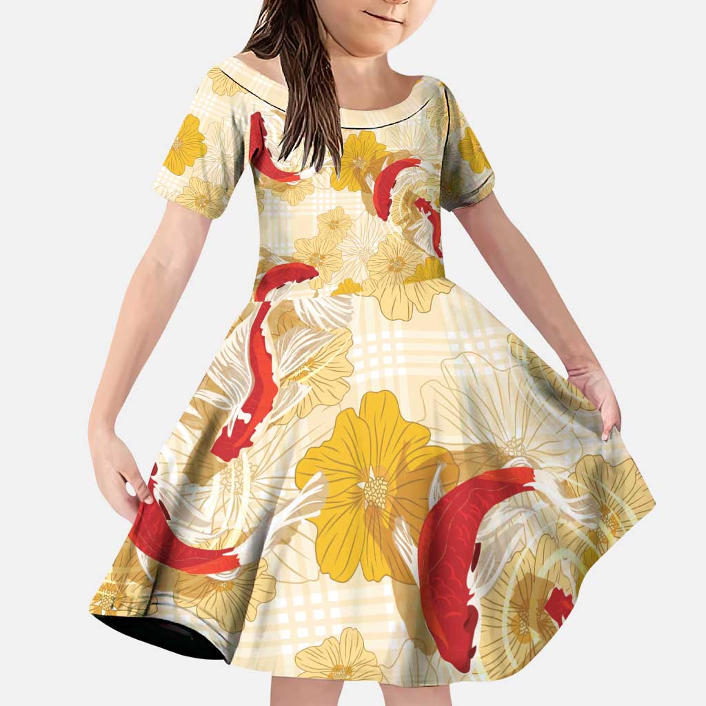 Beige Palaka Hawaii Aloha Family Matching Puletasi and Hawaiian Shirt Koi Pond Mix Ilima Flowers - Polynesian Pride