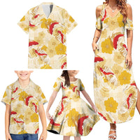 Beige Palaka Hawaii Aloha Family Matching Summer Maxi Dress and Hawaiian Shirt Koi Pond Mix Ilima Flowers - Polynesian Pride