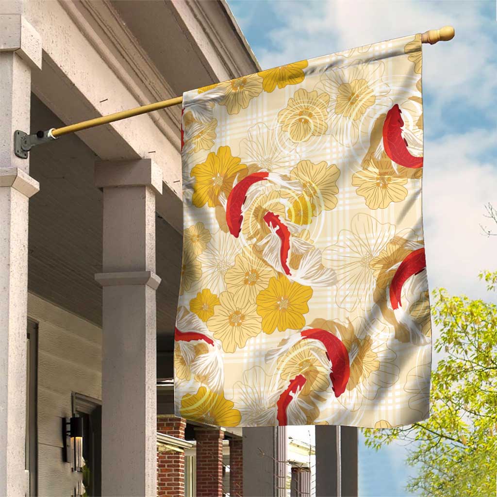 Beige Palaka Hawaii Aloha Garden Flag Koi Pond Mix Ilima Flowers - Polynesian Pride