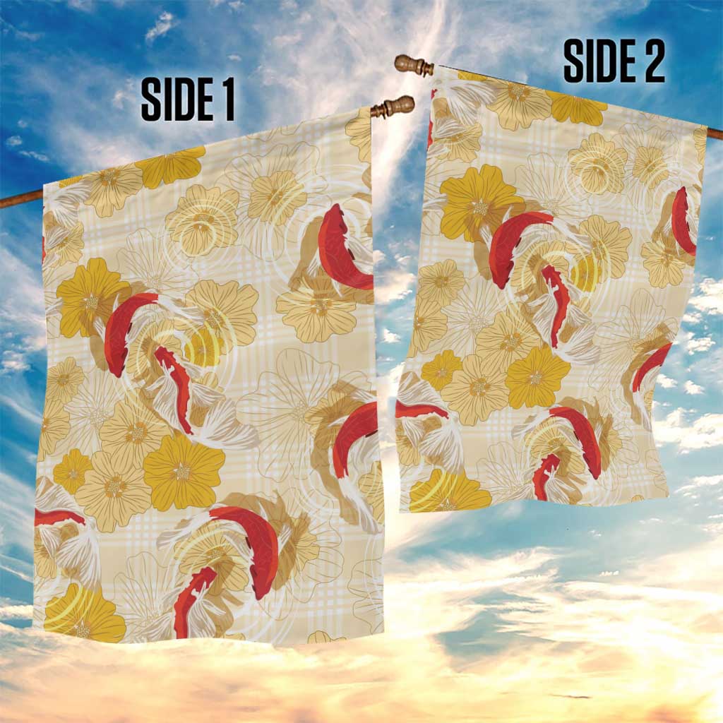 Beige Palaka Hawaii Aloha Garden Flag Koi Pond Mix Ilima Flowers - Polynesian Pride