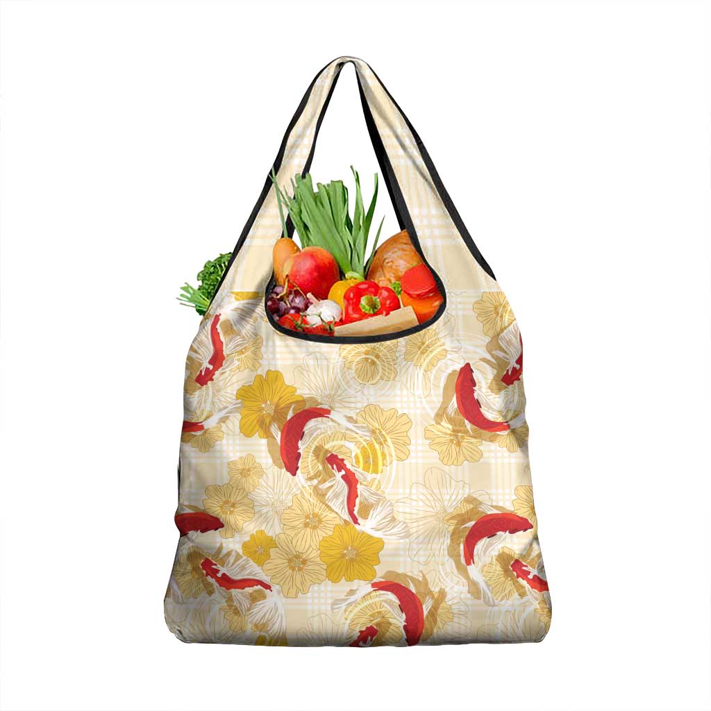 Beige Palaka Hawaii Aloha Grocery Bag Koi Pond Mix Ilima Flowers LT7 1-pack One Size Cream Yellow - Polynesian Pride