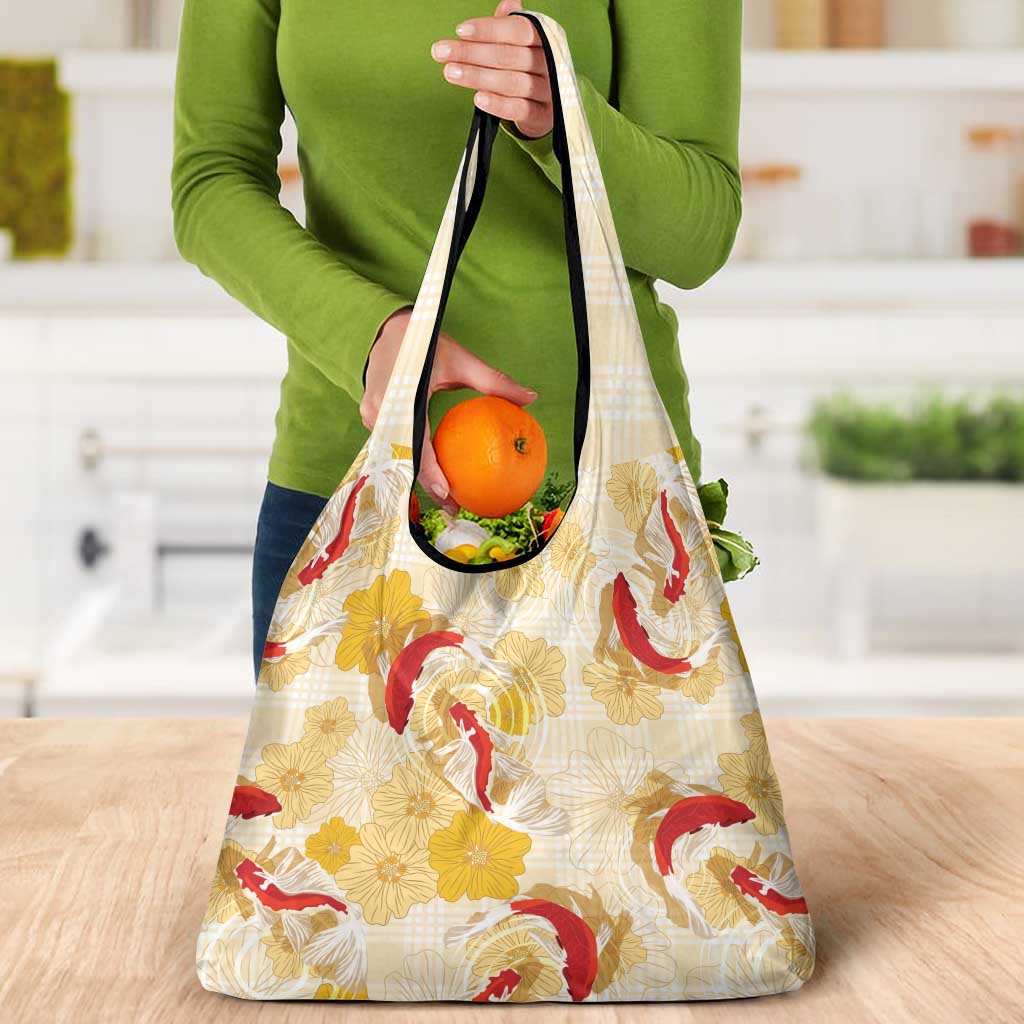 Beige Palaka Hawaii Aloha Grocery Bag Koi Pond Mix Ilima Flowers LT7 - Polynesian Pride