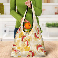 Beige Palaka Hawaii Aloha Grocery Bag Koi Pond Mix Ilima Flowers LT7 - Polynesian Pride