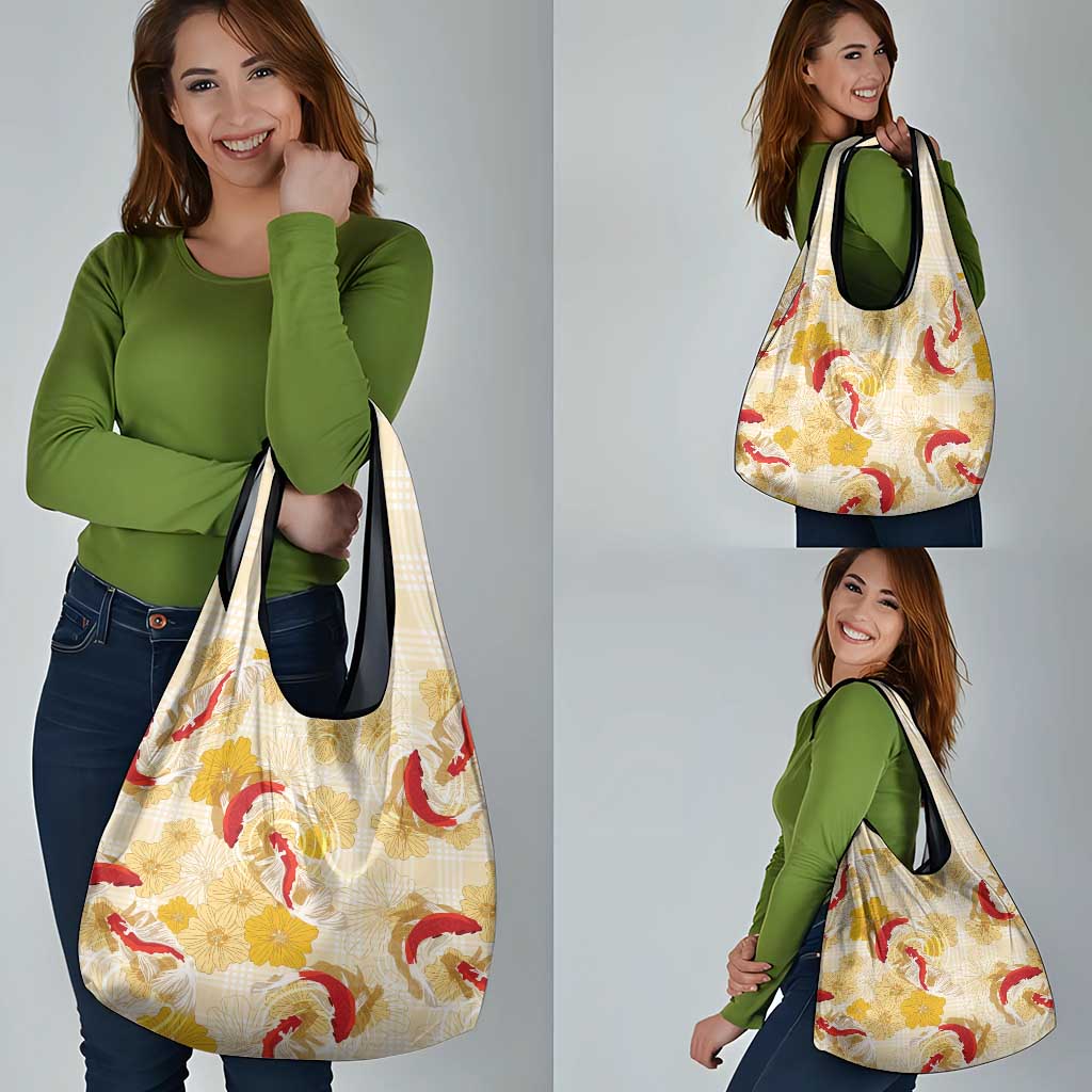Beige Palaka Hawaii Aloha Grocery Bag Koi Pond Mix Ilima Flowers LT7 - Polynesian Pride
