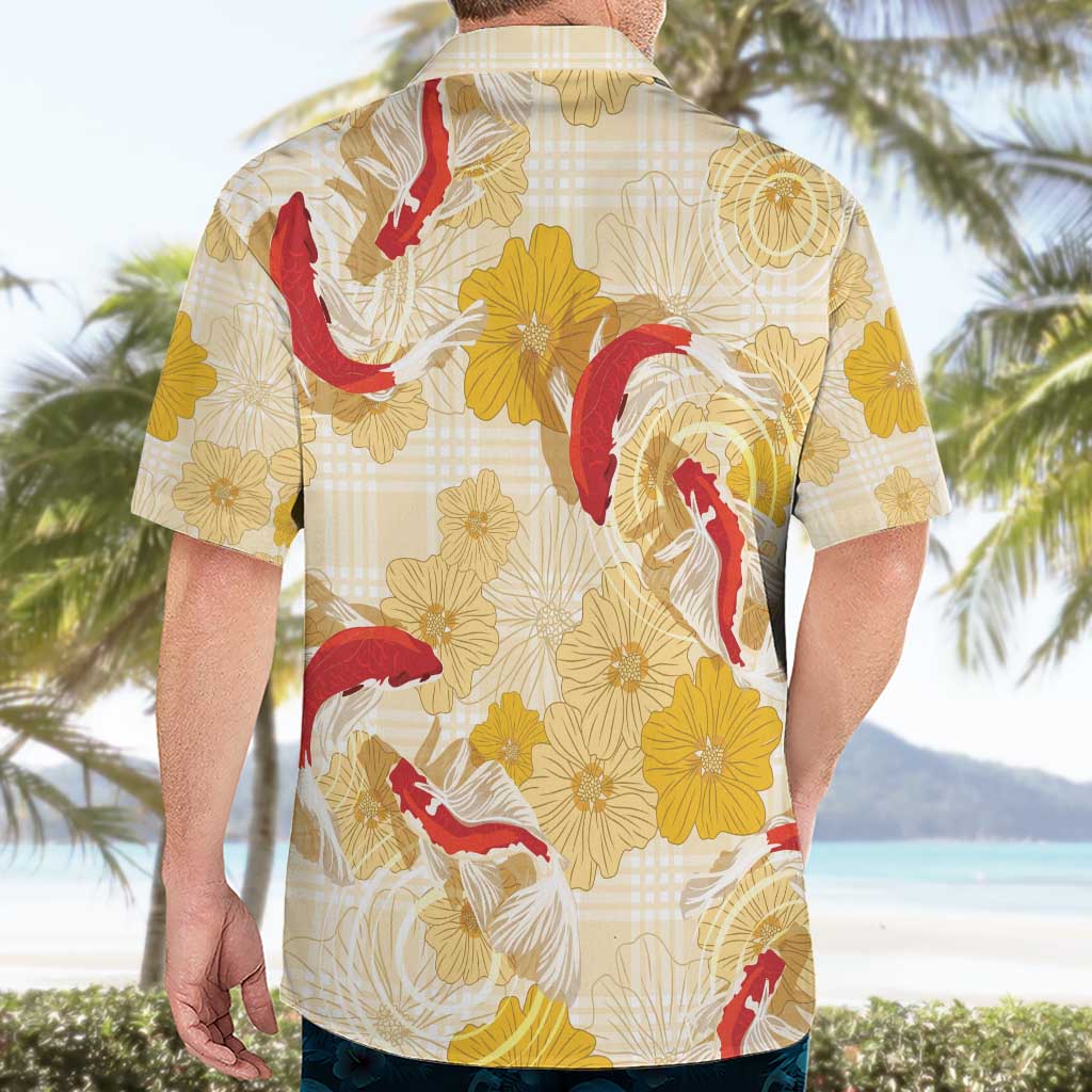 Beige Palaka Hawaii Aloha Hawaiian Shirt Koi Pond Mix Ilima Flowers - Polynesian Pride