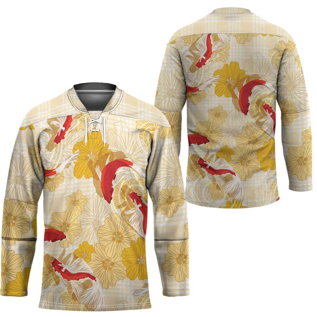 Beige Palaka Hawaii Aloha Hockey Jersey Koi Pond Mix Ilima Flowers - Polynesian Pride
