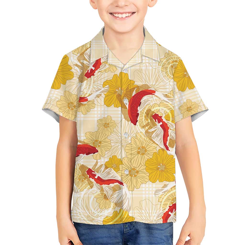 Beige Palaka Hawaii Aloha Kid Hawaiian Shirt Koi Pond Mix Ilima Flowers LT7 Kid Cream Yellow - Polynesian Pride