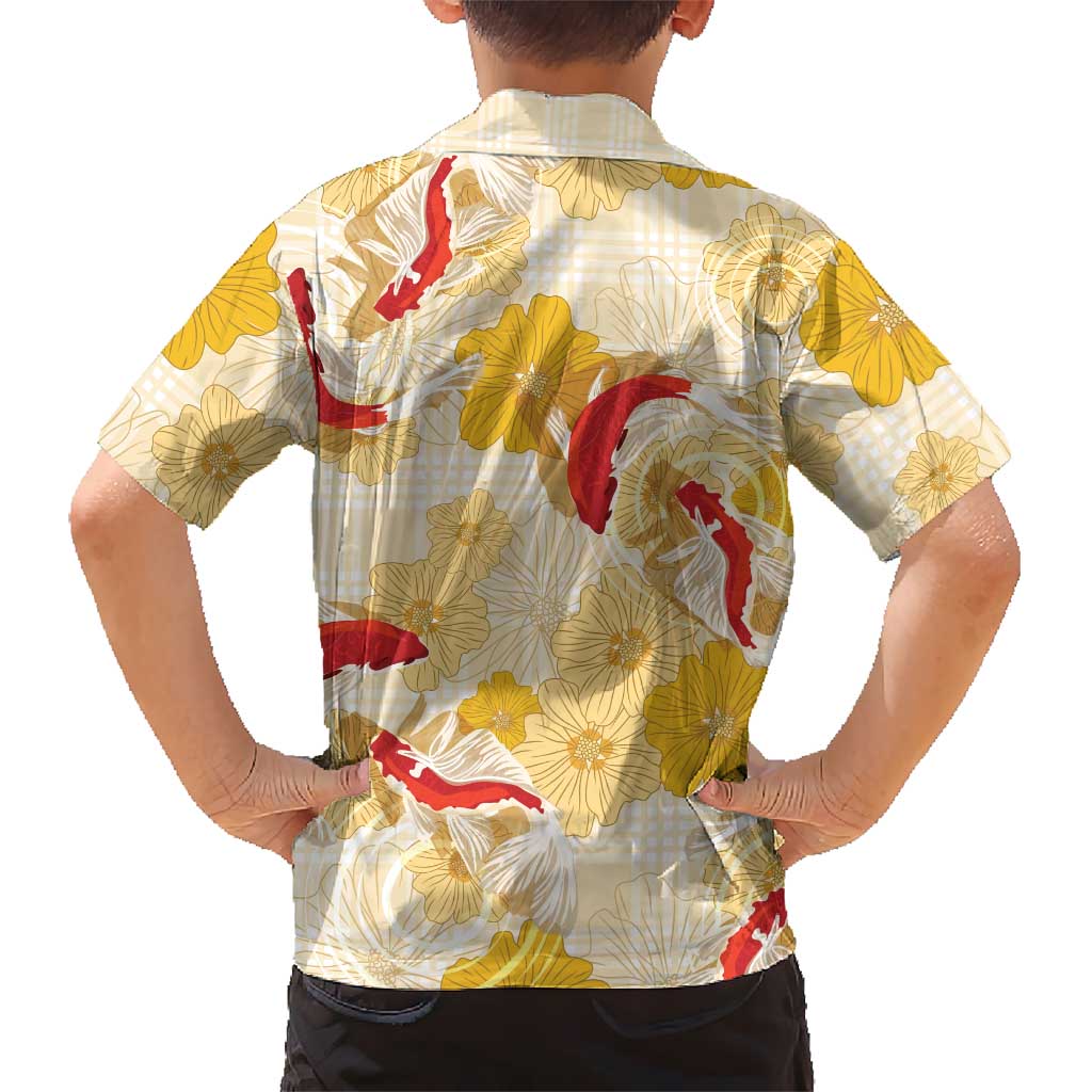 Beige Palaka Hawaii Aloha Kid Hawaiian Shirt Koi Pond Mix Ilima Flowers LT7 - Polynesian Pride