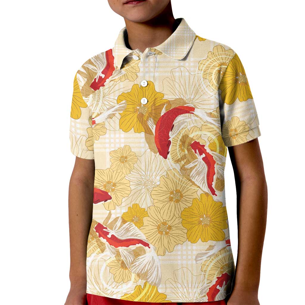 Beige Palaka Hawaii Aloha Kid Polo Shirt Koi Pond Mix Ilima Flowers - Polynesian Pride