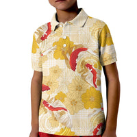 Beige Palaka Hawaii Aloha Kid Polo Shirt Koi Pond Mix Ilima Flowers LT7 Kid Cream Yellow - Polynesian Pride
