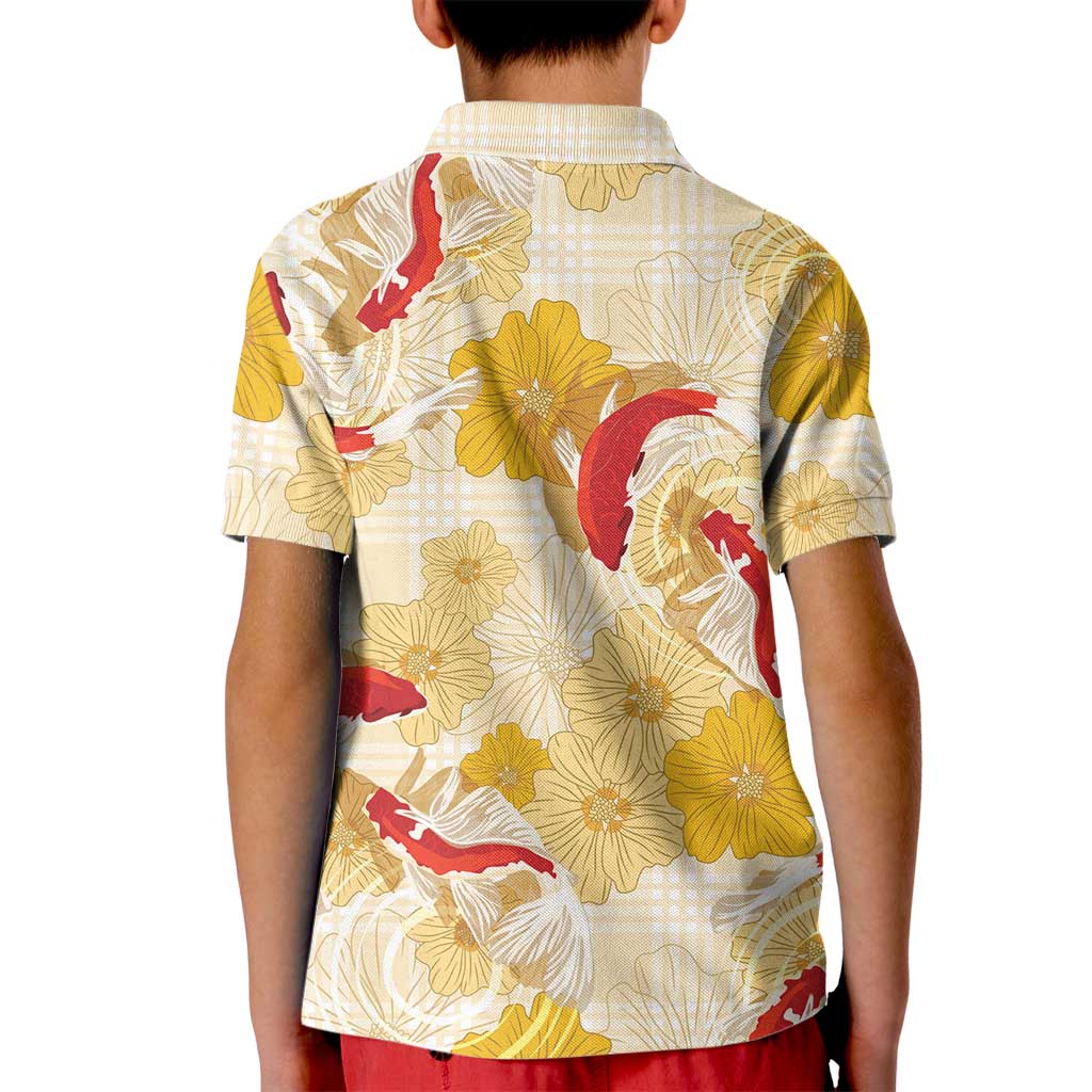 Beige Palaka Hawaii Aloha Kid Polo Shirt Koi Pond Mix Ilima Flowers LT7 - Polynesian Pride