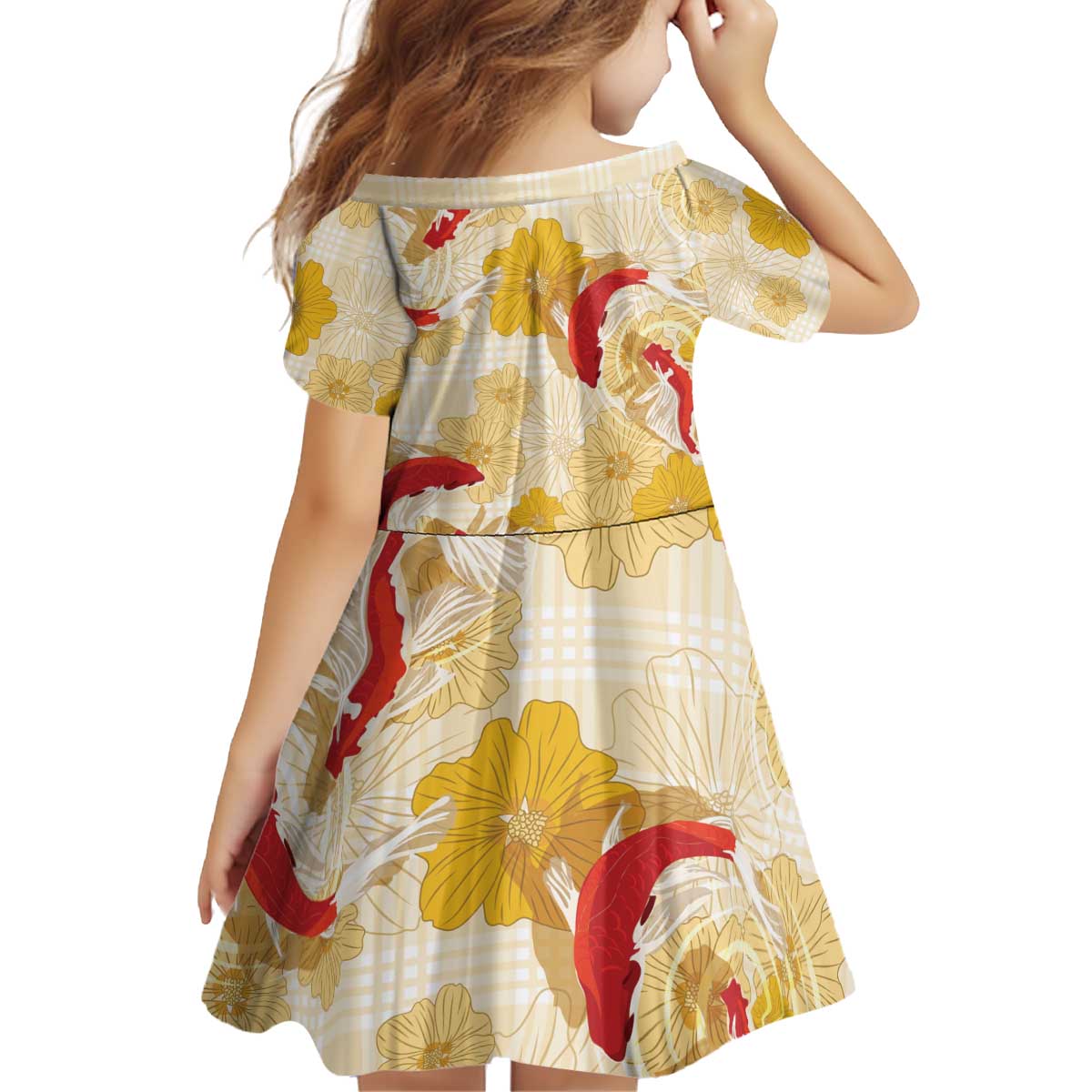 Beige Palaka Hawaii Aloha Kid Short Sleeve Dress Koi Pond Mix Ilima Flowers - Polynesian Pride