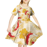 Beige Palaka Hawaii Aloha Kid Short Sleeve Dress Koi Pond Mix Ilima Flowers - Polynesian Pride
