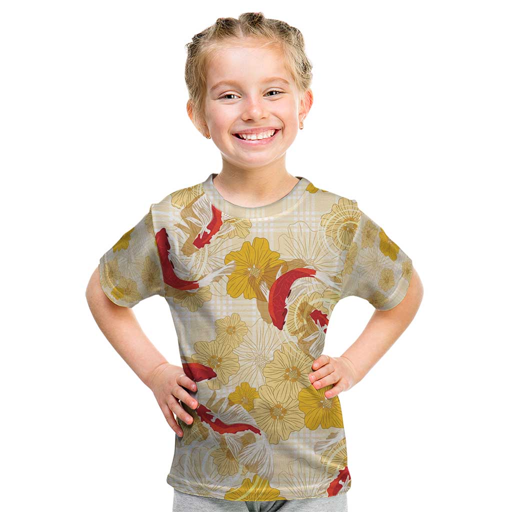 Beige Palaka Hawaii Aloha Kid T Shirt Koi Pond Mix Ilima Flowers - Polynesian Pride